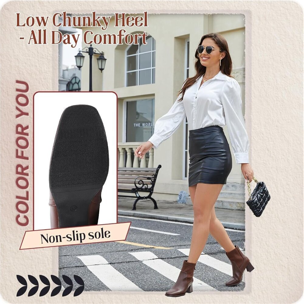 Women's Brown Square Toe Ankle Boots Low Block Heel Chelsea Boots Back Zipper - Picture 6 of 6